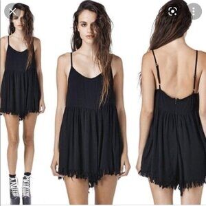 UNIF Stray Sleeveless Romper in black. Vneck with adjustable straps